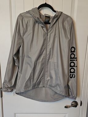 adidas Light Gray Hooded Windbreaker with Black Sleeve Logo